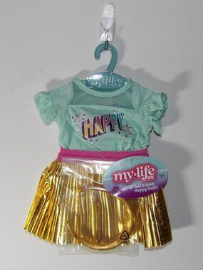 My Life As Teal & Gold Happy ￼Outfit Hula Skirt Top Dress Stars 18” Doll Clothes